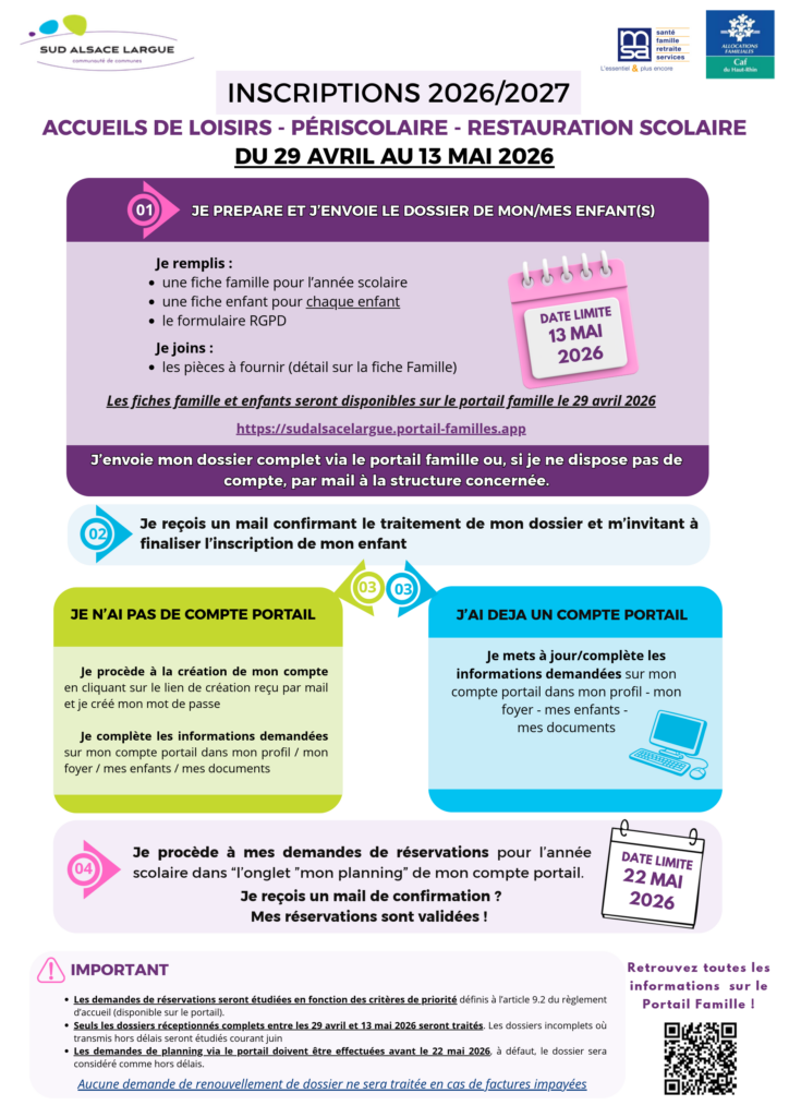 INSCRIPTIONS 2026-2027 PERISCOLAIRE/RESTAURATION SCOLAIRE CC SUD ALSACE LARGUE